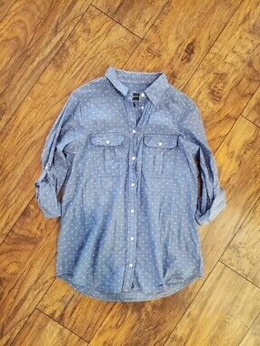 Express Original Blue Chambray Polka Dot Portofino Shirt Small
